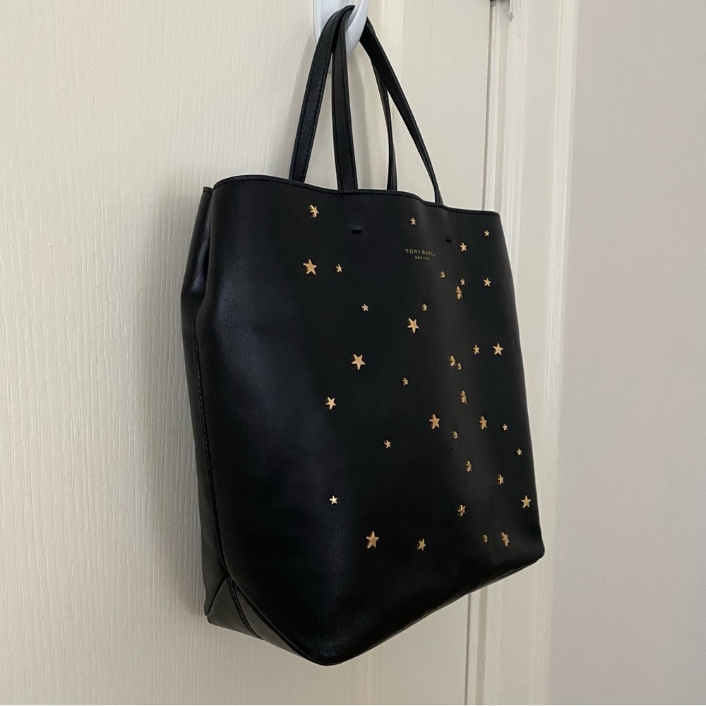 $398 Tory Burch Fleming Black Lambskin Leather Gold Star Studs Satchel Tote Bag - Picture 4 of 14